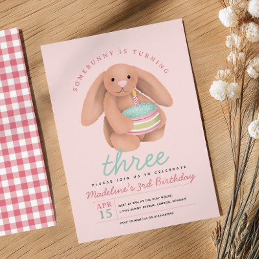 Girls Cute Pink Bunny Cake Birthday  Kaart