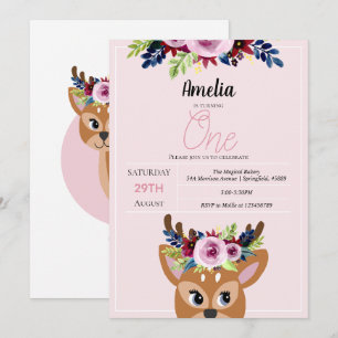 Girls Cute Pink Deer Floral 1e verjaardag Flowers Kaart