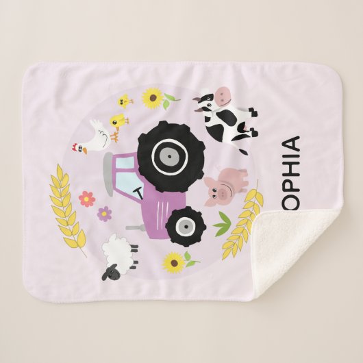 Girls Cute Pink Farm Animals Tractor & Name Kinder Sherpa Deken (Voorkant (horizontaal))