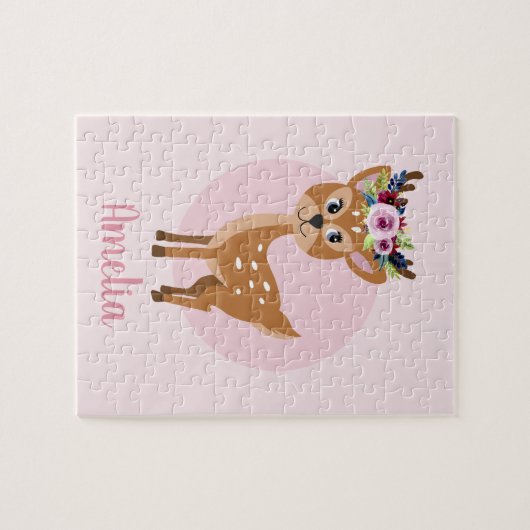 Girls Cute Pink Floral Deer en Flowers Kinder Legpuzzel (Horizontaal)