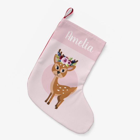 Girls Cute Pink Floral Deer & Name Kinder Kleine Kerstsok (Voorkant (Hangend))