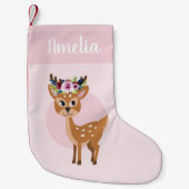 Girls Cute Pink Floral Deer & Name Kinder Kleine Kerstsok (Voorkant)