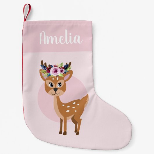 Girls Cute Pink Floral Deer & Name Kinder Kleine Kerstsok (Voorkant)