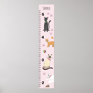 Girls Cute Pink Kitty Cat Cartoon Growth Chart Poster