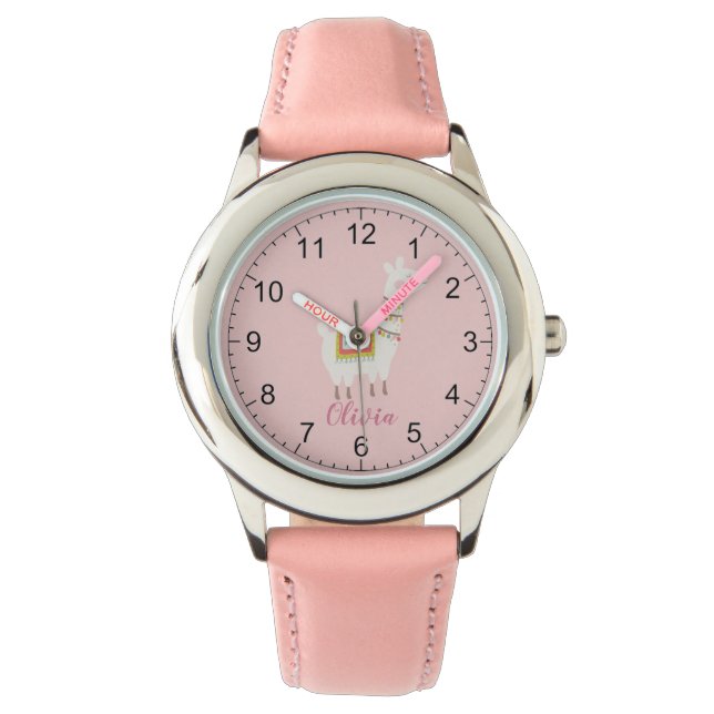 Girls Cute Pink Llama Custom Name Kinder Horloge (Voorkant)