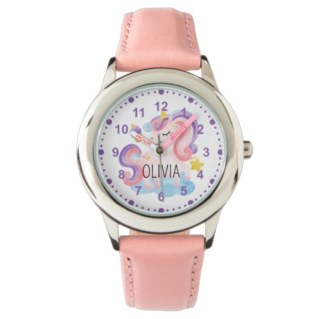 Girls Cute Pink Paarse Unicorn Horloge (Voorkant)