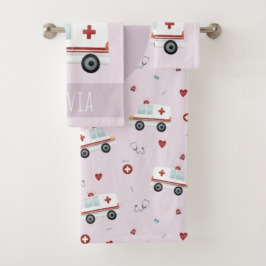 Girls Cute Pink Paramedic Ambulance Pattern Kinder Bad Handdoek (Insitu)