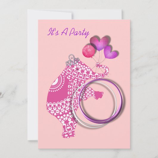 Girls Cute Pink Princess Elephant Party Invitation Kaart (Voorkant)