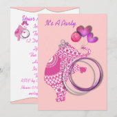 Girls Cute Pink Princess Elephant Party Invitation Kaart (Voorkant / Achterkant)