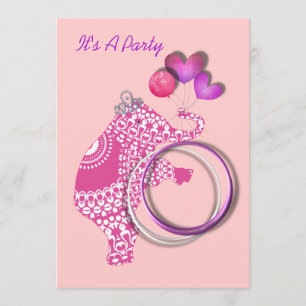 Girls Cute Pink Princess Elephant Party Invitation Kaart