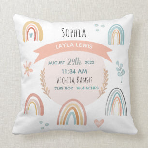 Girls Cute Pink Rainbow Birth Stats Baby Nursery Kussen