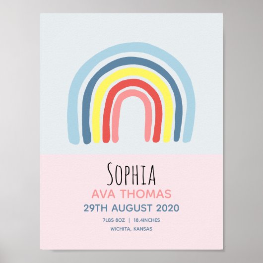 Girls Cute Pink Rainbow Birth Stats Baby Nursery Poster (Voorkant)