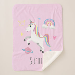 Girls Cute Pink Rainbow Unicorn & Name Kinderen Sherpa Deken