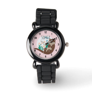 Girls Cute Pink River Otter Flowers en Name Kinder Horloge
