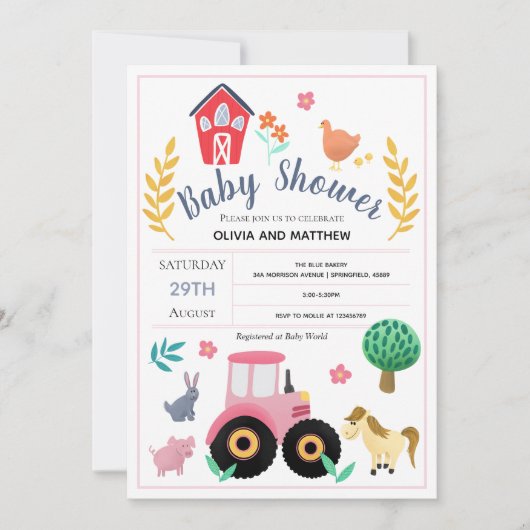 Girls Cute Pink Rustic Boerderij Tractor Baby show Kaart (Voorkant)