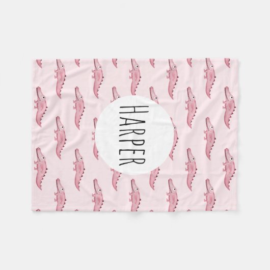 Girl's Cute Pink Safari Crocodile Pattern and Name Fleece Deken (Voorkant (Horizontaal))