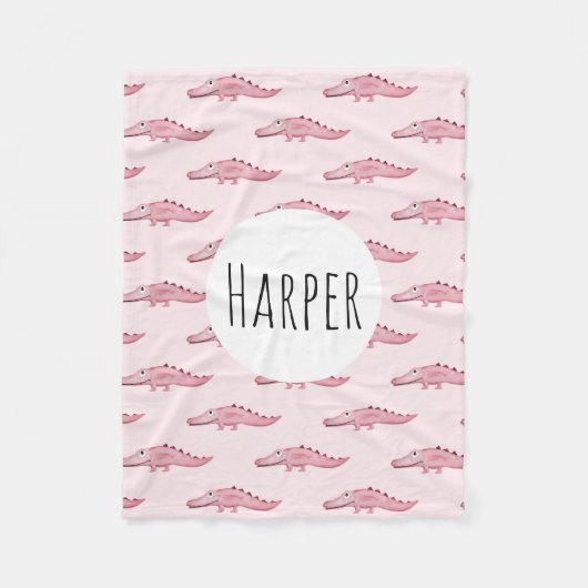 Girl's Cute Pink Safari Crocodile Pattern and Name Fleece Deken (Voorkant)