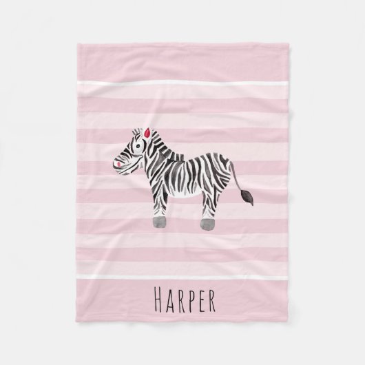 Girl's Cute Pink Safari Zebra en naam Fleece Deken (Voorkant)