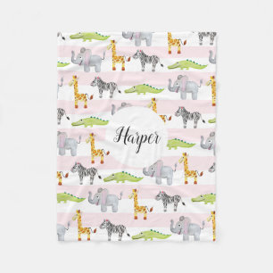 Girls Cute Pink Striped Safari Animals Name Kinder Fleece Deken
