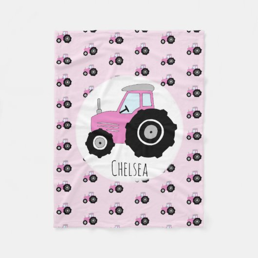Girls Cute Pink Tractor Pattern met Name Kinder Fleece Deken (Voorkant)