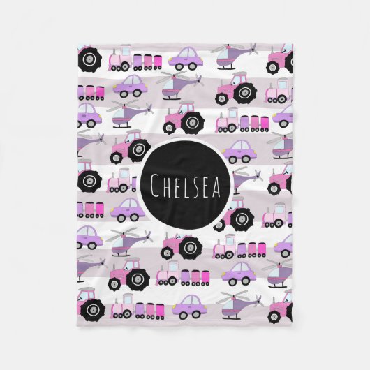 Girls Cute Pink Transport Car Pattern Name Kinder Fleece Deken (Voorkant)