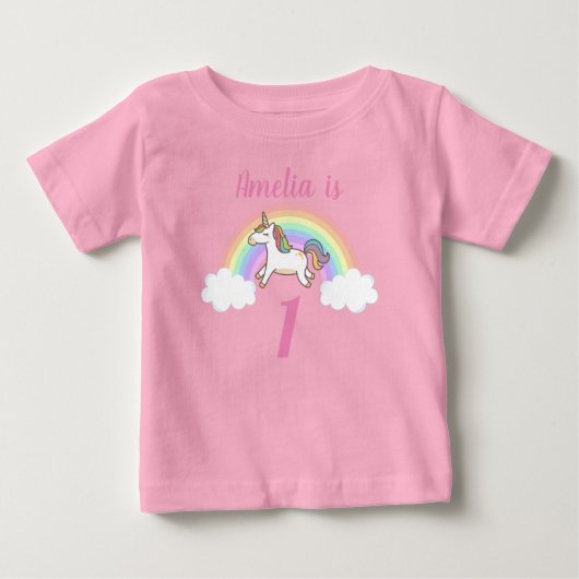 Girls Cute Pink Unicorn Eigen naam 1e verjaardag (Voorkant)