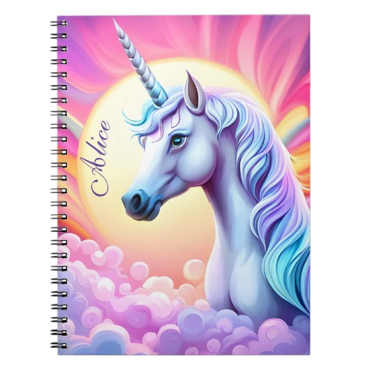 Girls Cute Pink Unicorn en Name Notitieboek (Voorkant)