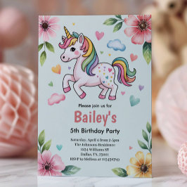 Girls Cute Pink Unicorn Kids 5th Birthday Party Kaart