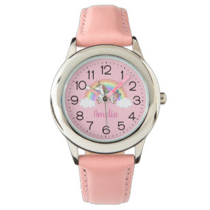 Girls Cute Pink Unicorn Rainbow Gepersonaliseerd Horloge
