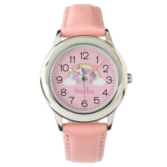 Girls Cute Pink Unicorn Rainbow Gepersonaliseerd Horloge (Voorkant)
