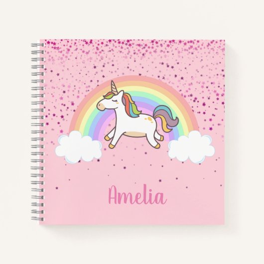 Girls Cute Pink Unicorn Rainbow Gepersonaliseerde Notitieboek (Voorkant)
