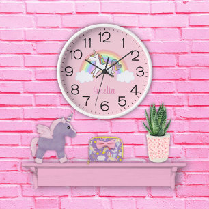 Girls Cute Pink Unicorn Rainbow Gepersonaliseerde  Ronde Klok