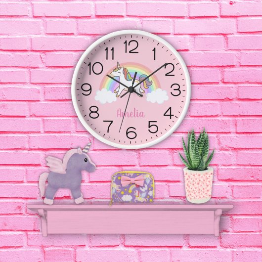 Girls Cute Pink Unicorn Rainbow Gepersonaliseerde  Ronde Klok