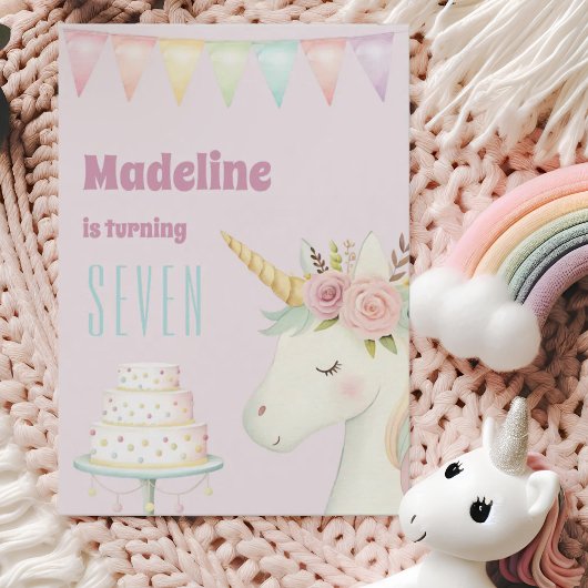 Girls Cute Pink Unicorn Seventh Birthday Kaart