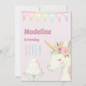 Girls Cute Pink Unicorn Seventh Birthday Kaart (Voorkant)