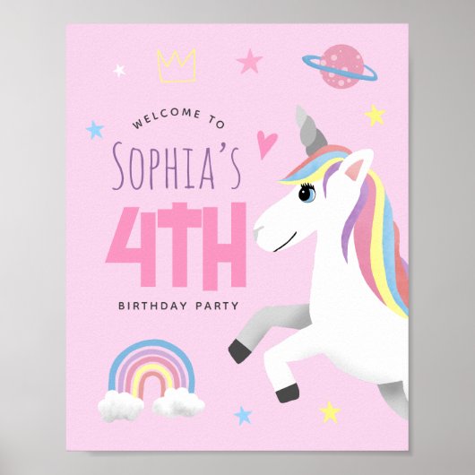 Girls Cute Pink Unicorn Welcome Sign Poster (Voorkant)