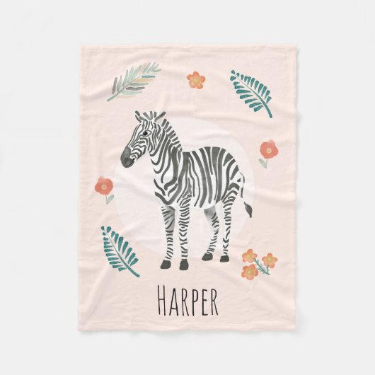 Girls Cute Pink Zebra Waterverf Safari Fleece Deken (Voorkant)