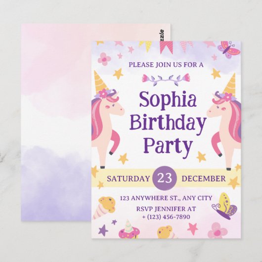 Girls Cute Purple Unicorn Kids 1th Birthday Briefkaart (Voorkant / Achterkant)