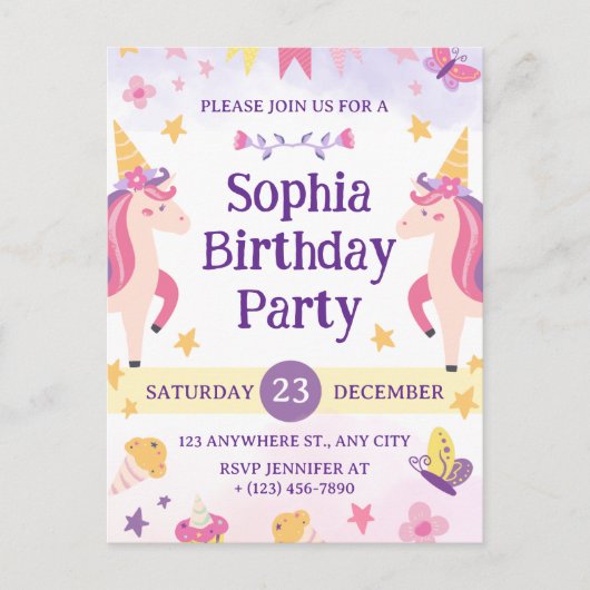 Girls Cute Purple Unicorn Kids 1th Birthday Briefkaart (Voorkant)