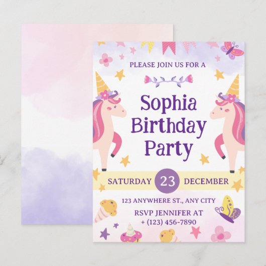 Girls Cute Purple Unicorn Kids 1th Birthday Feestdagenkaart (Voorkant / Achterkant)