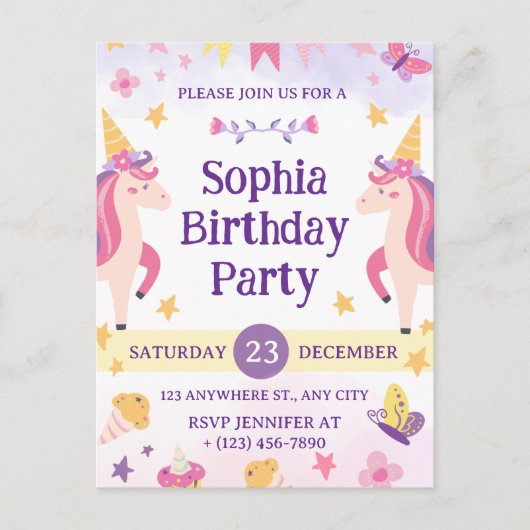 Girls Cute Purple Unicorn Kids 1th Birthday Feestdagenkaart (Voorkant)