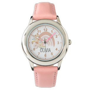 Girls Cute Rainbow Boho Flowers Roze Aangepaste na Horloge