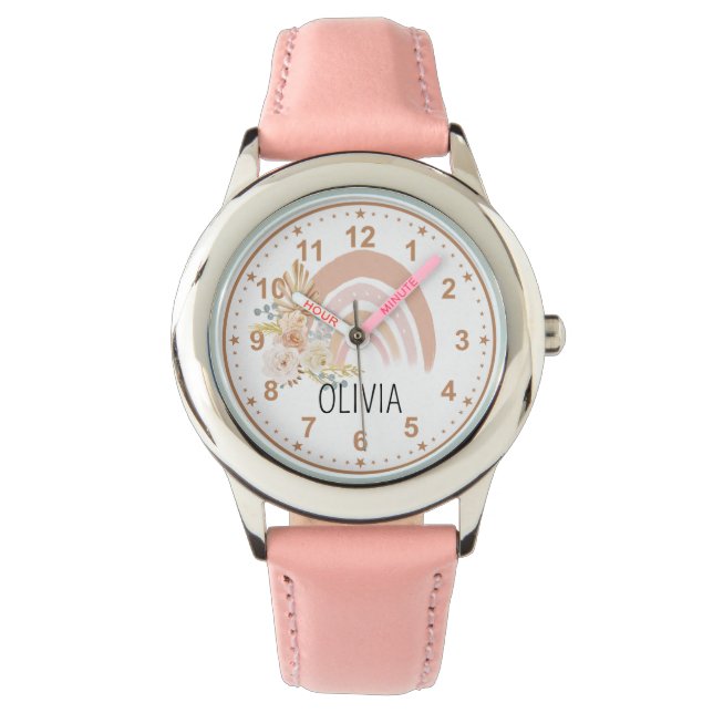 Girls Cute Rainbow Boho Flowers Roze Aangepaste na Horloge (Voorkant)