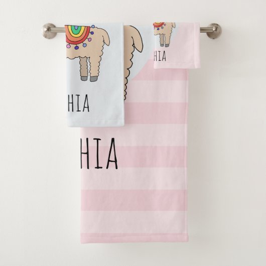 Girls Cute Rainbow Llama Cartoon en naam Kinderen Bad Handdoek (Insitu)
