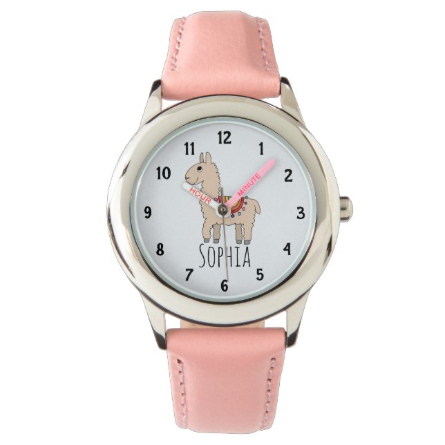 Girls Cute Rainbow Llama Cartoon en naam Kinderen Horloge (Voorkant)