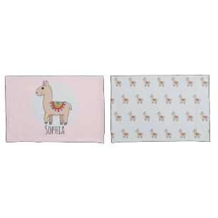 Girls Cute Rainbow Llama Cartoon en naam Kinderen Kussensloop