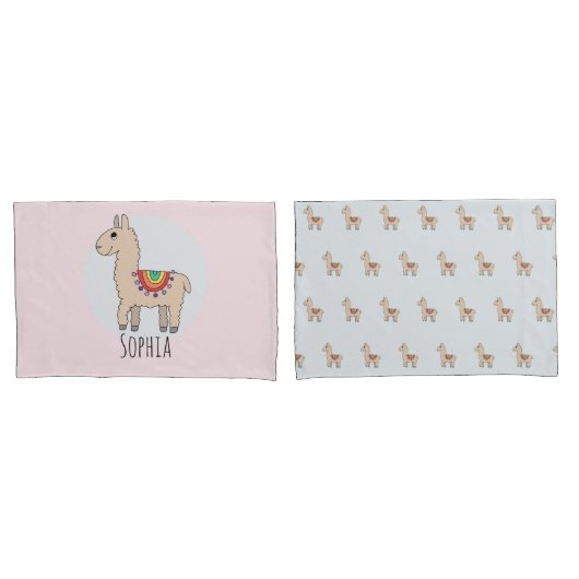Girls Cute Rainbow Llama Cartoon en naam Kinderen Kussensloop (Voorkant-Set)