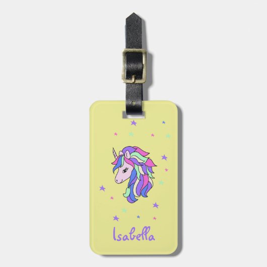 Girls Cute Rainbow Magical Unicorn & Custom Name Bagagelabel (Voorkant verticaal)