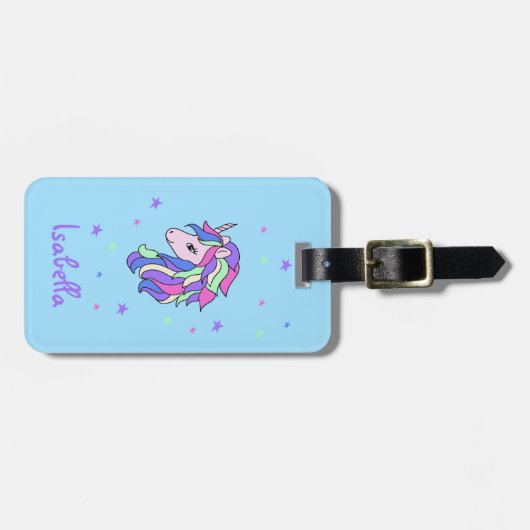 Girls Cute Rainbow Magical Unicorn & Custom Name Bagagelabel (Voorkant horizontaal)