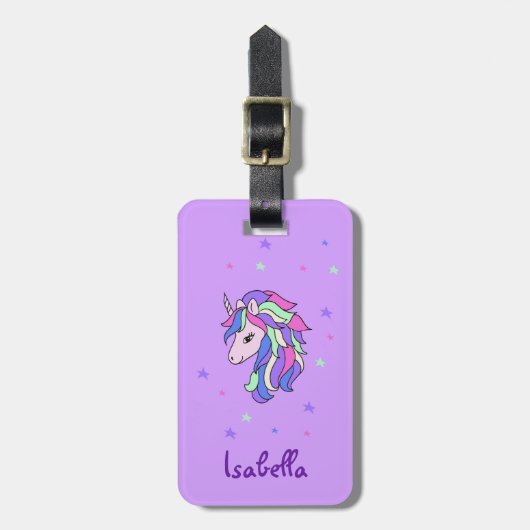 Girls Cute Rainbow Magical Unicorn & Custom Name Bagagelabel (Voorkant verticaal)
